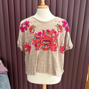 Free People Neutral Striped Boxy Top with Hot Pink & Neon Embroidery